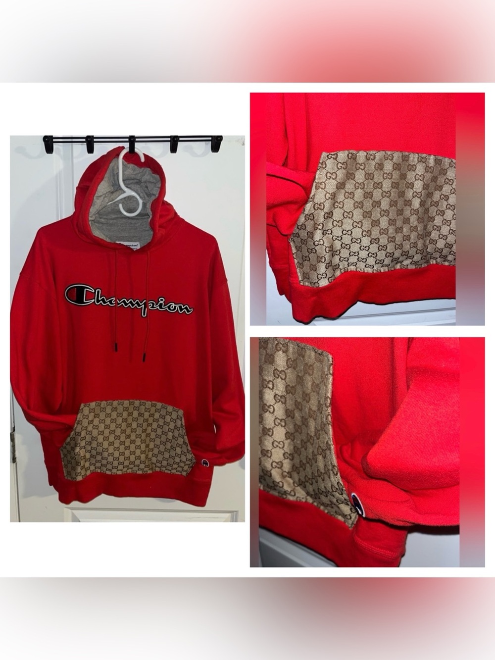CUSTOM MADE Red Champion Hoodie Sweatshirt With GUCCI FABRIC Front Pocket Large